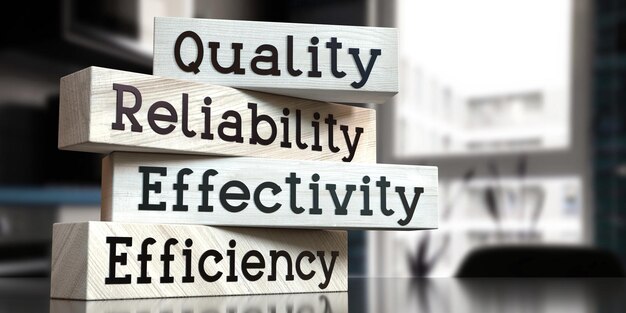 Quality reliability effectivity efficiency words on wooden blocks 3D illustration
