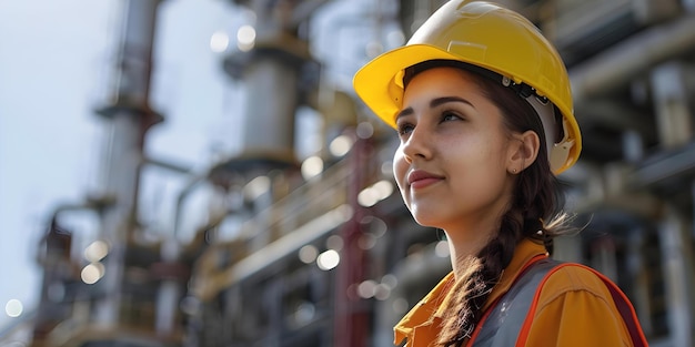 Qualityfocused female engineer wearing safety gear inspecting oil refinery Concept Engineering Female Professional Safety Inspection Oil Refinery Quality Assurance