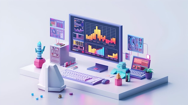 quantitative trader testing algorithmic strategies with 3d flat icon in isometric scene for algorith