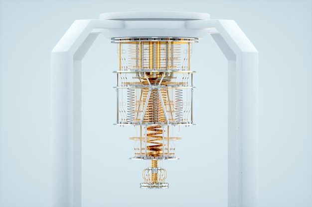 Quantum computer gold silver mechanism isolated on white background Mechanism quantum computing quantum cryptography steampunk Q bits parallel computing 3D illustration 3D render