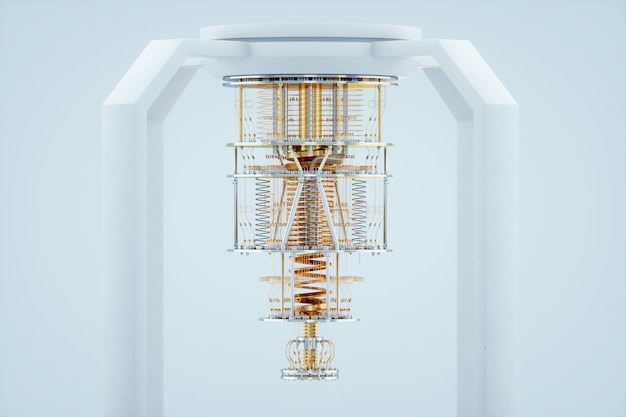 Quantum computer goud zilver mechanisme geïsoleerd op witte achtergrond Mechanisme quantum computing kwantum cryptografie steampunk Q bits parallel computing 3D illustratie 3D render