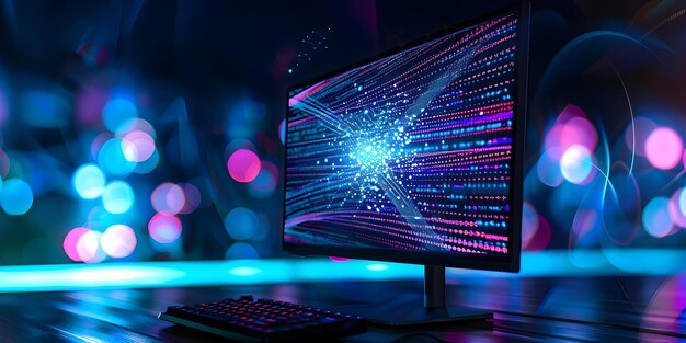 quantum computer particle behavior controlled by code closeup of computer screen concept quantum computing particle behavior code control computer screen closeup