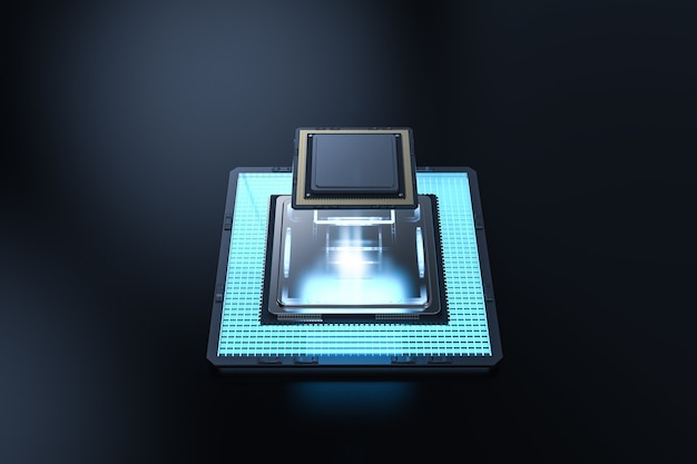 Концепция квантовых компьютерных технологий с чипами процессора 3D-рендеринга на борту