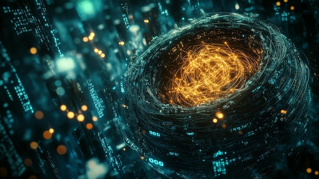 quantum computing core creating energy and processing data surrounded by digital binary code