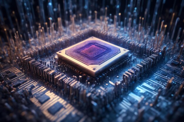 Quantum computing CPU close up of central processing unit and circuits of advanced technology