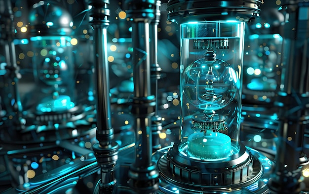 Quantum Core Reactor futuristische quantum reactor kern geavanceerde technologie laboratorium blauw omgevingslicht ingewikkelde mechanismen hightech milieu wetenschap verlichte energie innovatie
