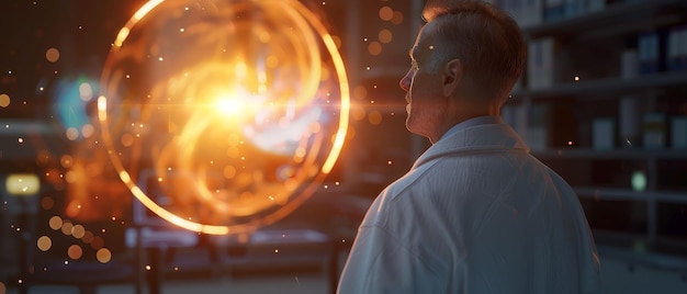 Foto il cappotto di laboratorio del fisico quantistico trascende la realtà osservando molteplici possibilità creando un'ondulazione nel tessuto del tempo 3d rendering luminoso backlight lente flare vista a schermo diviso