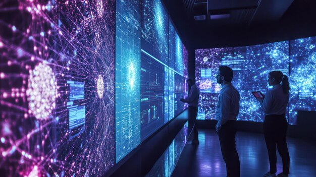 quantum research scientists working with advanced quantum computers surrounded by qubits and algorithms displayed on large digital interfaces