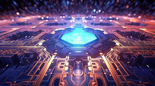 Quantum super Computer mother board micro chip processor futuristic technology background Generative AI