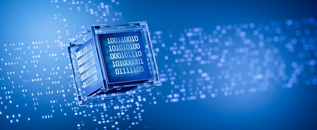 Quantumcomputer Computercode Digitale technologie Dataopslag Kunstmatige intelligentie Abstract technische achtergrond Database Big data Binaire code Hacker aanval AI 3D rendering