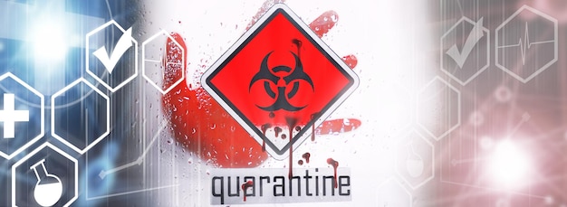 Quarantaine. Quarantainewaarschuwingsbord op een glazen deur in een ziekenhuisisolator. Isolatie van patiënten met het virus in speciale laboratoria. Virus.