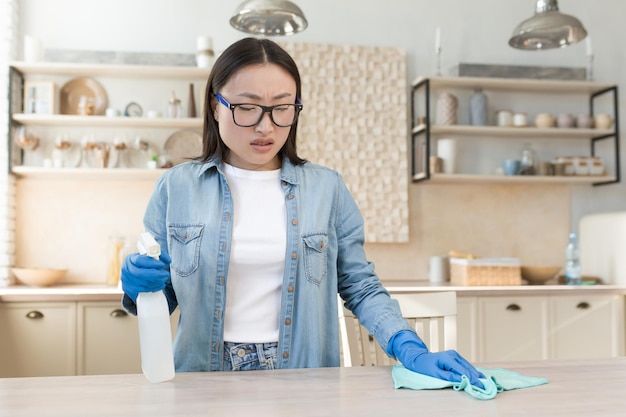 Quarantine means a young beautiful asian woman disinfects the house wipes the table with a cloth in