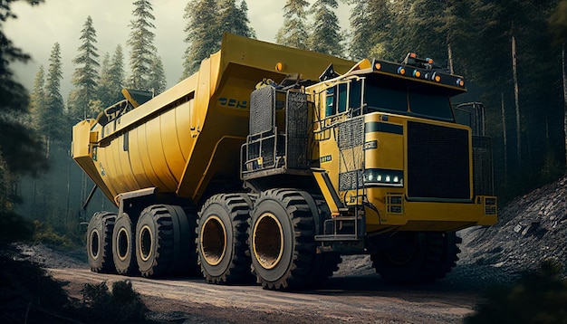 Quarries require a huge dump truck A huge yellow mining truck is on the job site Loading coal into a truck body production of precious minerals Generative AI