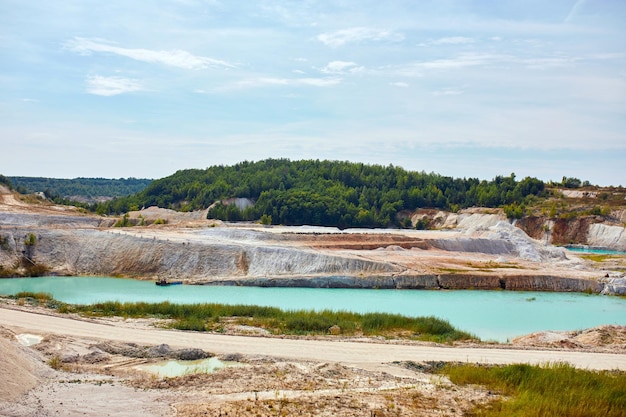 Quarry extraction porcelain clay kaolin with turquoise water