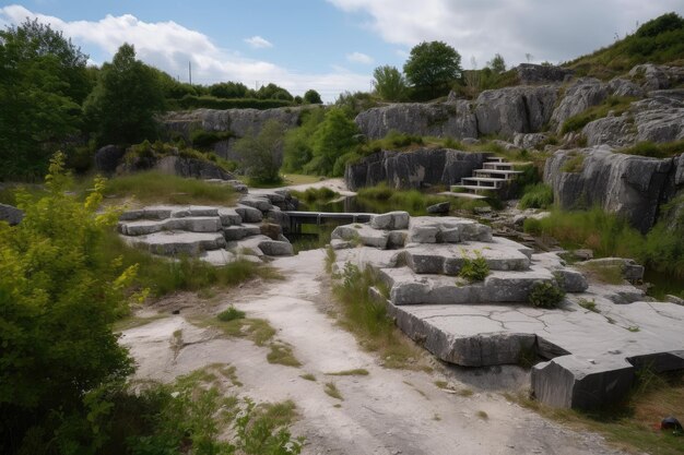 Quarry with pathways and stepping stones used to navigate the rocky terrain