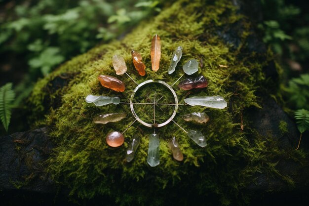 Photo quartz crystals arranged in a circle moss and leaves in the background