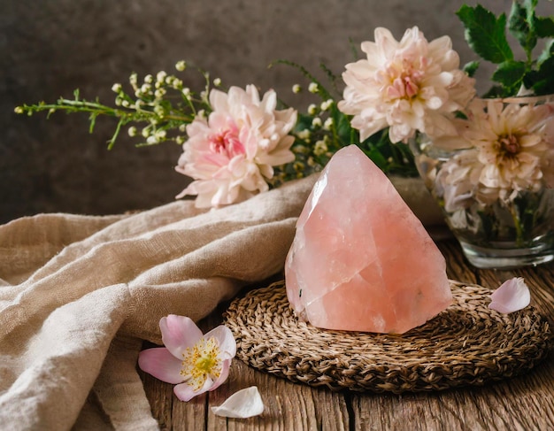 A quartz with flowers and a vase with flowers in it