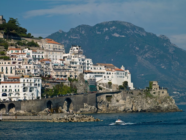 Quay residential area near the mountains and the sea