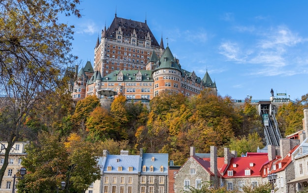 Quebec City Old Town in autumn season Text in French is Funicular