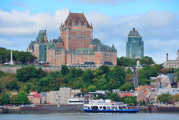 Quebec City skyline over river with blue sky and cloud.