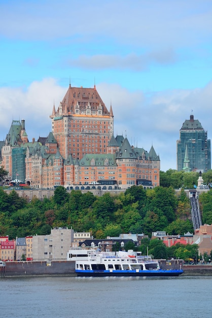 Quebec City skyline over river with blue sky and cloud.