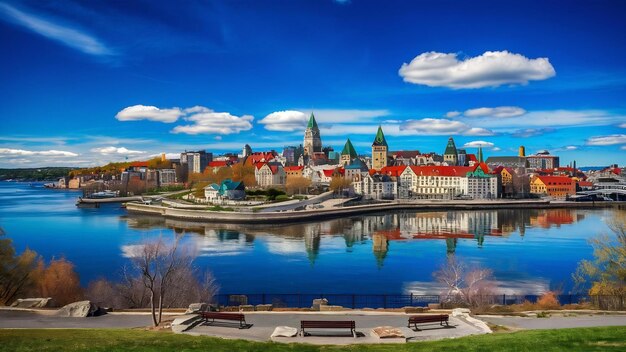 Quebec city skyline over river with blue sky and cloud