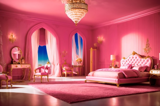 Queen Barbie bedroom with bed in the center