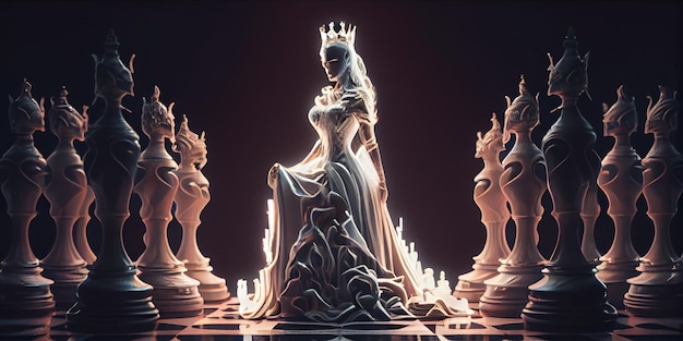 The Queen of chess piece on a chessboard The concept of playing chess Generative AI