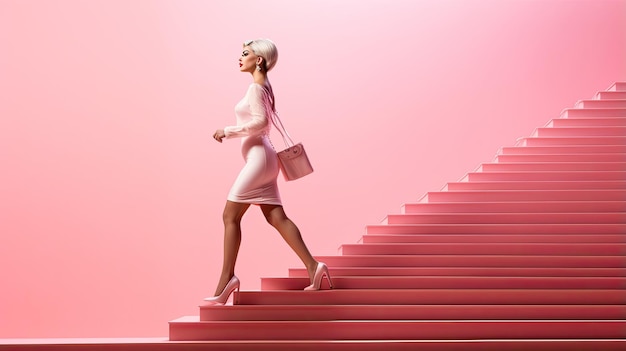 여왕 모델 바비 인형은 분홍색 배경의 계단을 내려갑니다