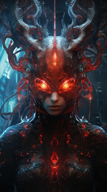 Photo queen mother of alien hive an alien woman with glowing eyes intricate details spikes and tentacles form a crown on the creature's head