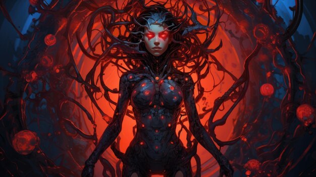 Queen mother of alien hive An alien woman with glowing eyes intricate details spikes and tentacles form a crown on the creature's head