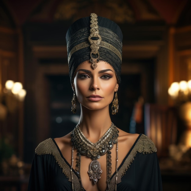Царица Египта Нефертити в своем элегантном царственном одеянии, источающем красоту и изящество Генеративный AI