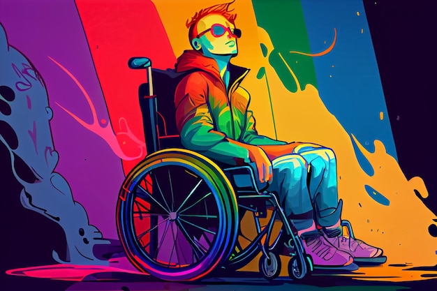 Queer and disabled homosexual in rnbowcolours in wheelchr at gay pride