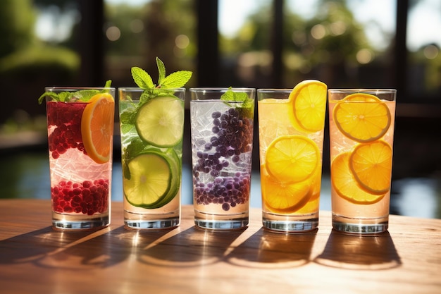 Quenching summer thirst vibrant fruity drinks on ice a refreshing blend of citrus tropical flavors and coolness for a perfect summer chillout deliciously tempting and visually appealing