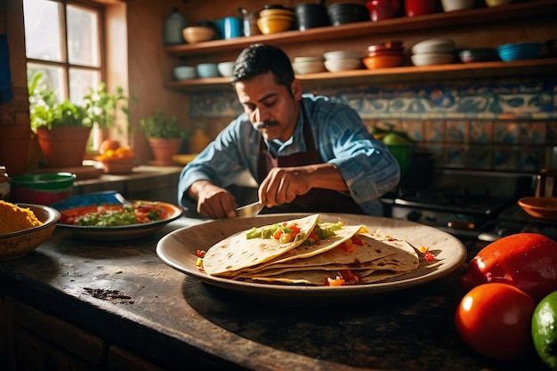 Quesadilla being prepared in a tra