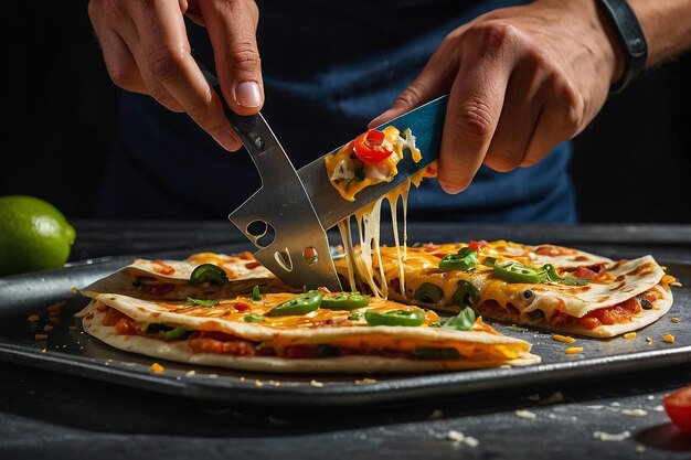 Quesadilla gesneden met een pizza