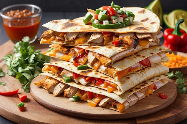 Quesadilla met kippenkaas en sauzen op houten bord