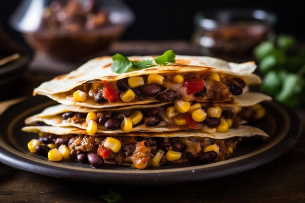 Quesadilla van zwarte bonen en maïs met salsa en guacamole