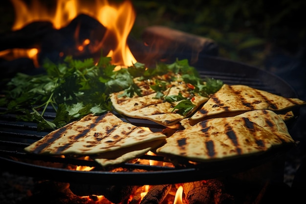 Quesadillas being cooked on an outdoor grill with flames