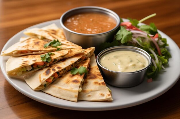 Quesadillas geserveerd met een kant van romige cilantrolime