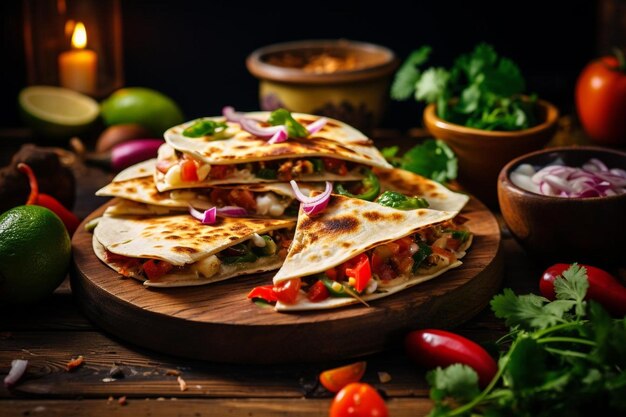 Quesadillas served on a vibrant Mexicanthemed tableclo