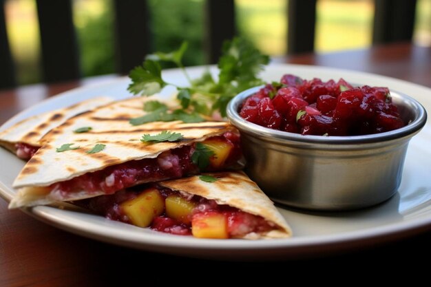 Quesadillas served with a side of tangy cherry tomato