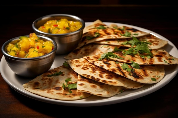 Quesadillas served with a side of tangy raspberry chipo