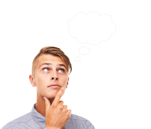 question doubt and thinking with man inspiration and problem solving isolated on a white studio background person guy and model with choice brainstorming or opportunity with planning or decision