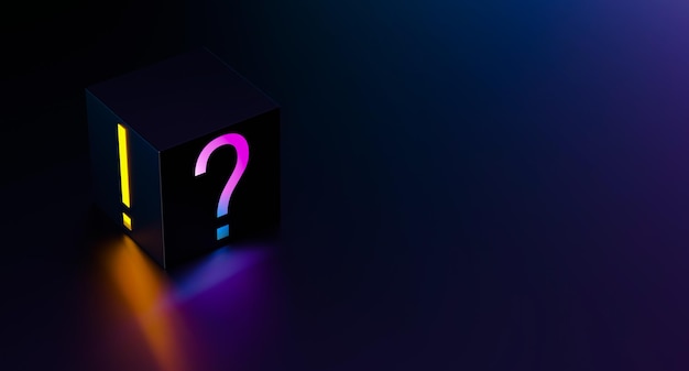 Photo question and exclamation mark neon on a cube glowing exclamation and question mark concept3d render illustration