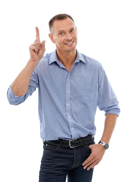 Question hand and portrait of a man pointing for communication isolated on a white background Happy curious and businessman with a gesture for a vote answer or volunteering on a backdrop