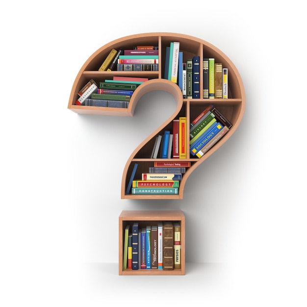 Question mark as bookshelf with books Search and education concept