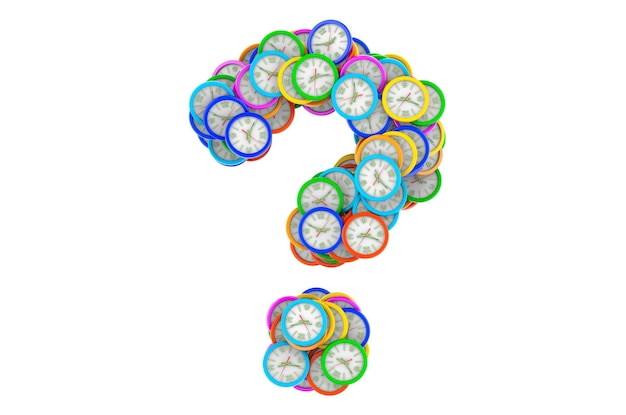 Question mark from colored wall clocks 3D rendering