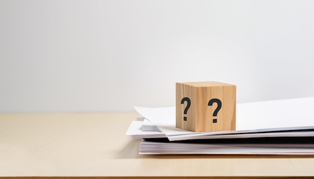 Foto icona del punto interrogativo sul cubo di legno sopra i documenti con lo spazio della copia