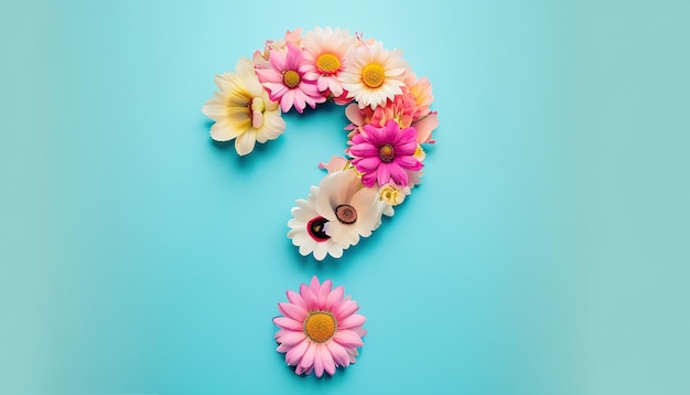 Question mark made from dandelion flowers on Flat lay on pastel blue background Springtime